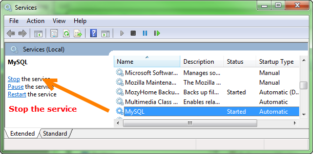 Windows services window with MySQL highlighted.
