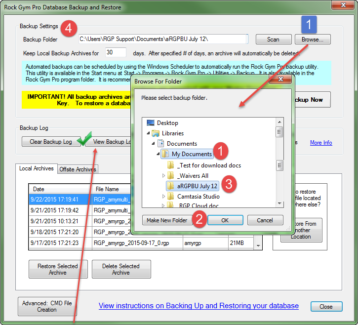 Database backup folder selection window