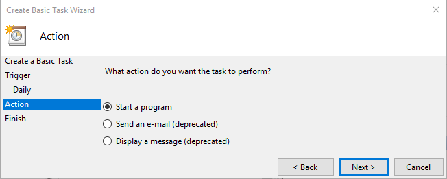 Task Wizard action selection screen.