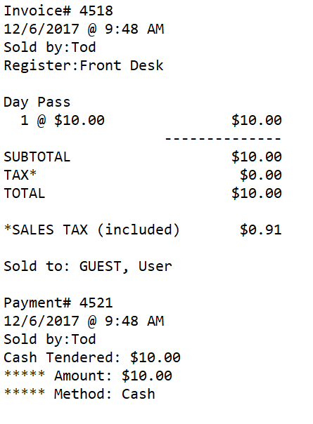 Receipt for a $10 day pass purchase.