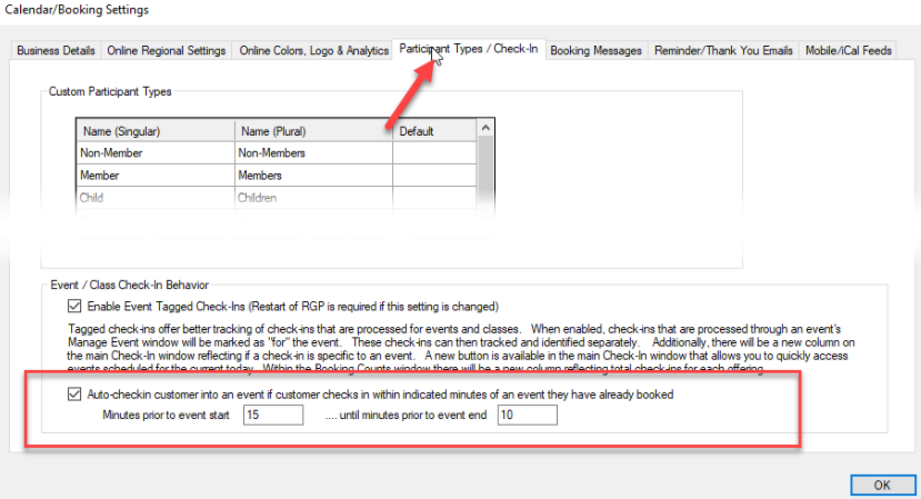 Calendar/Booking settings window screenshot.