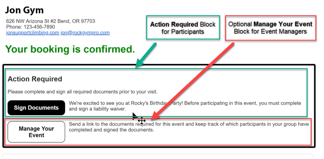 Booking confirmation with action required.