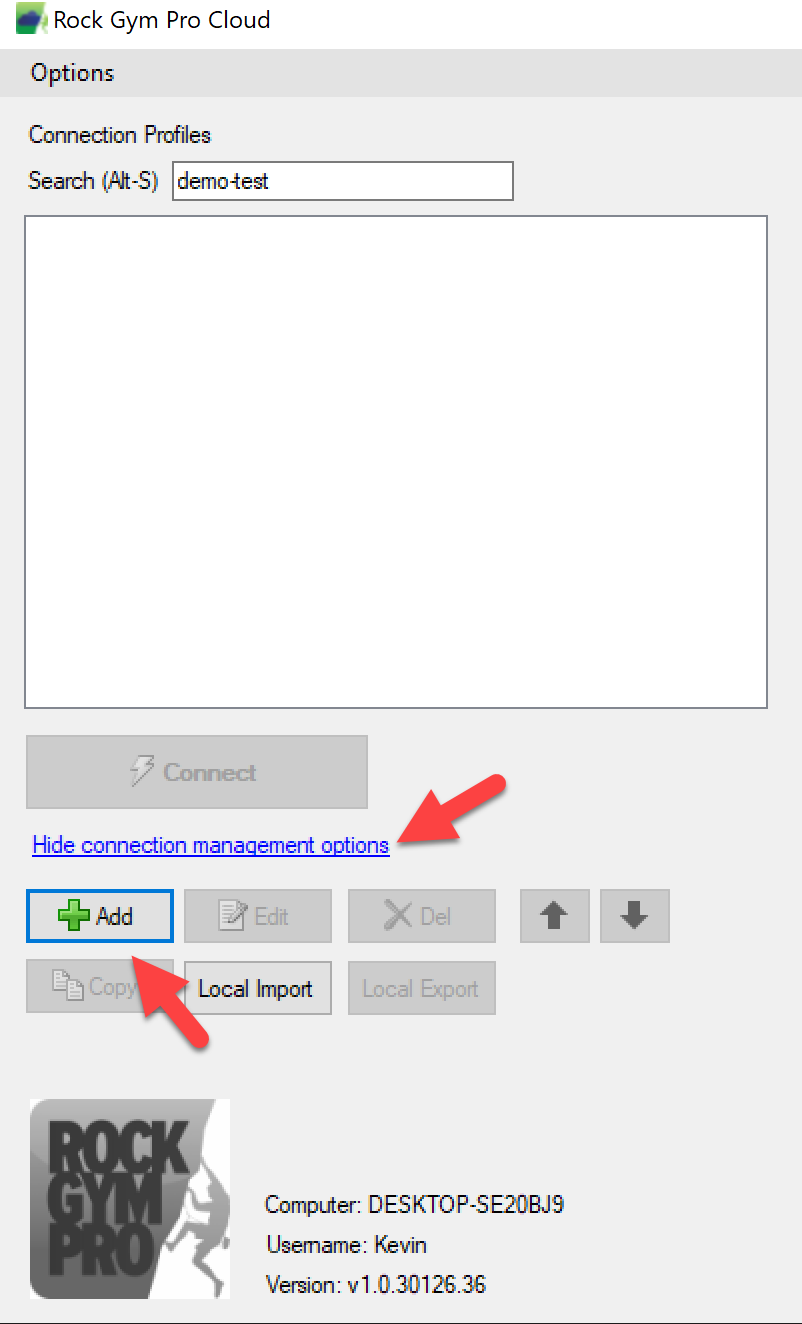Rock Gym Pro Cloud options window