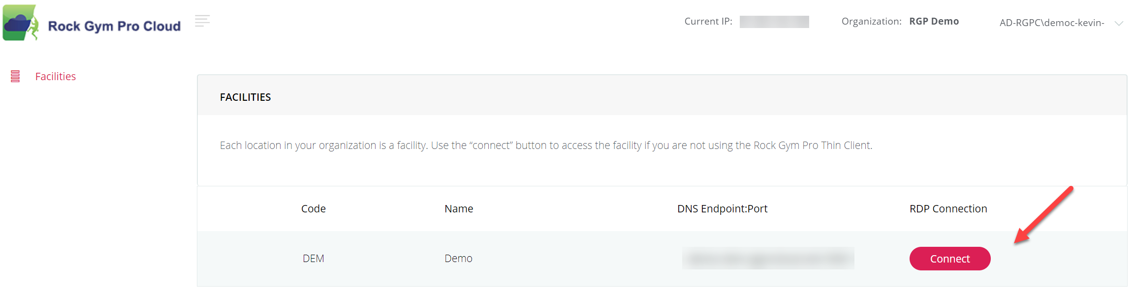 Connect button on Rock Gym Pro Cloud page