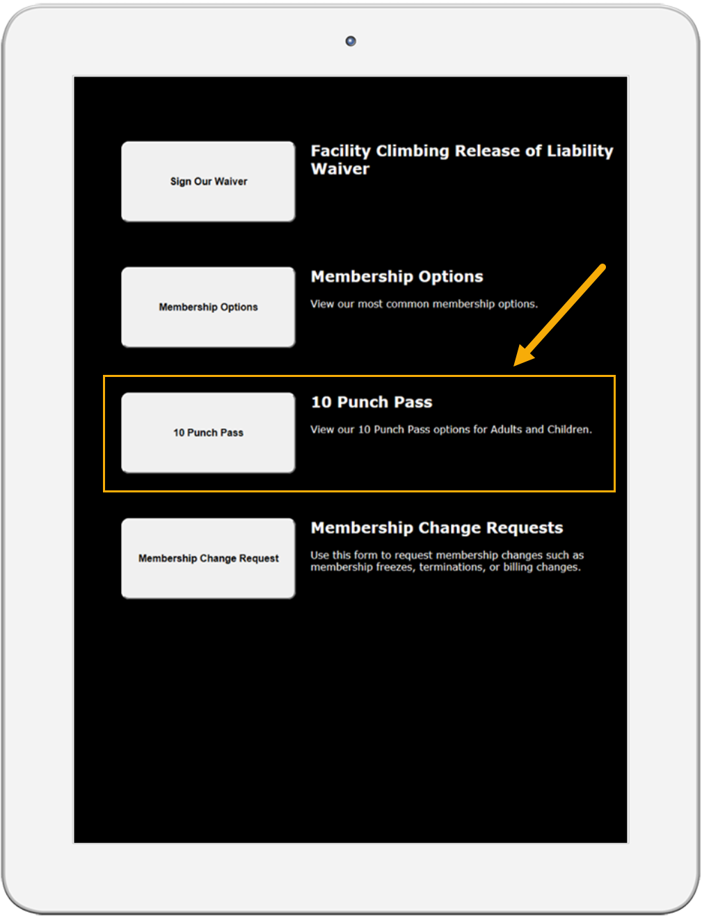 Tablet screen with membership options.