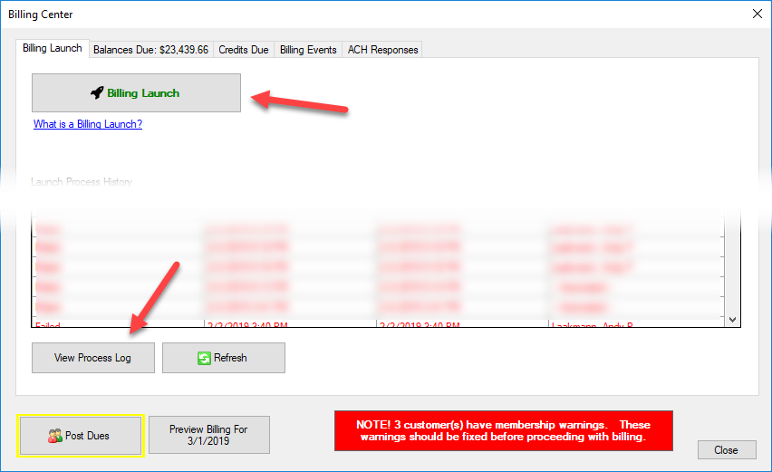 Billing Center interface with alerts.