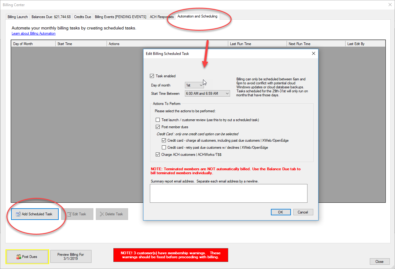 Billing task scheduling interface screenshot.