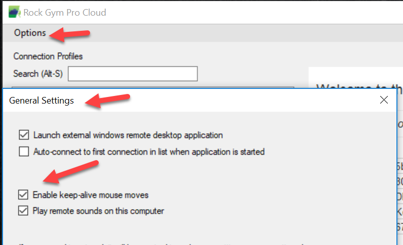 General settings menu with checkboxes.