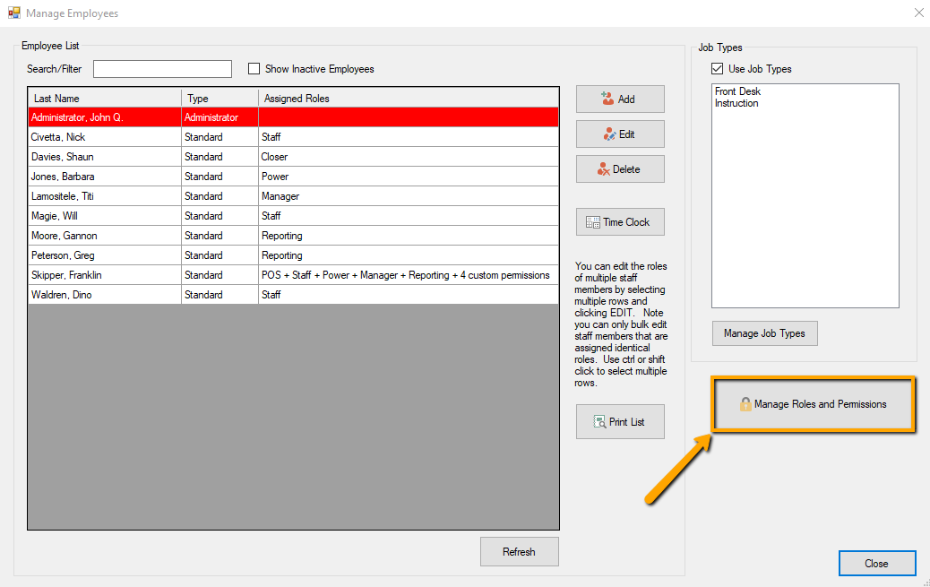 Employee management interface screenshot.