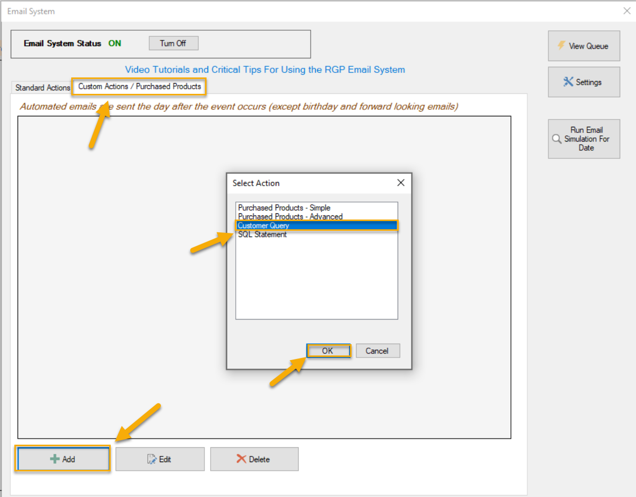 Email system interface with action selection.