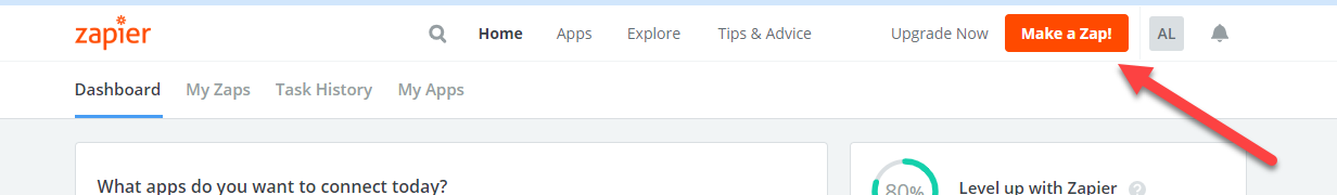 Zapier dashboard with navigation menu.