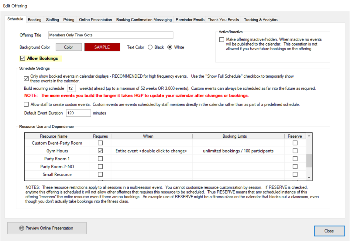 Edit Offering settings screen interface.