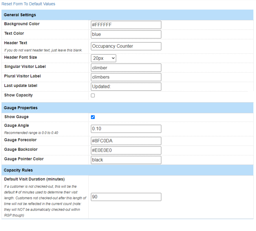 Form settings for occupancy counter