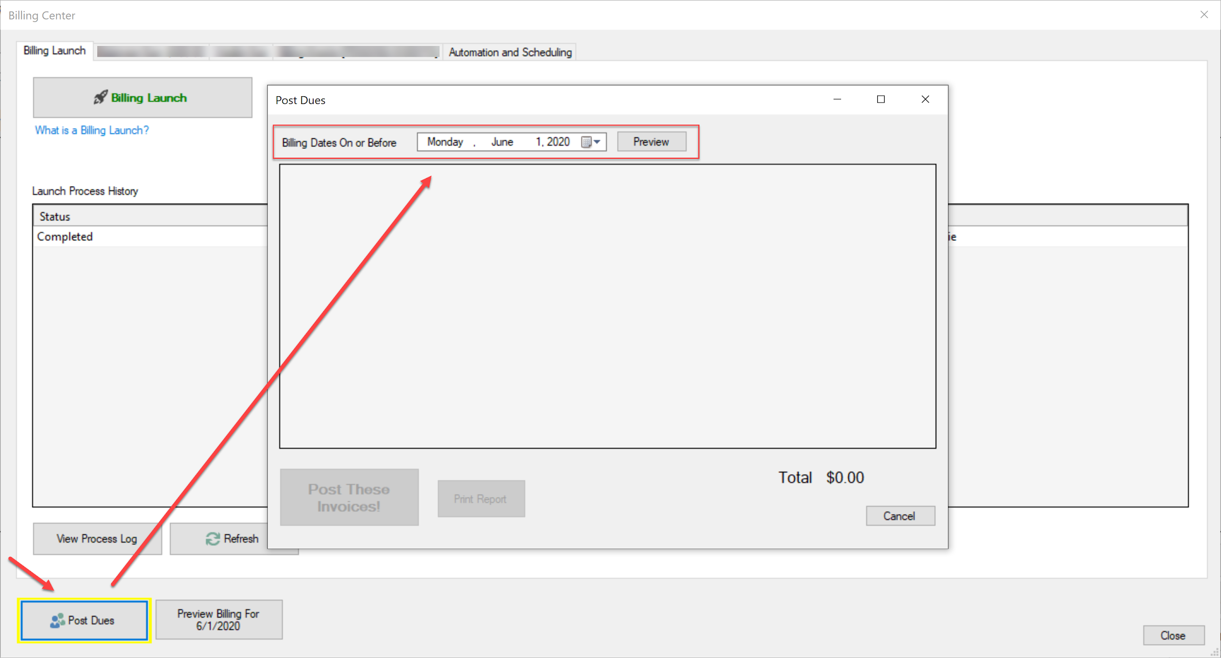 Billing software interface with post dues option.