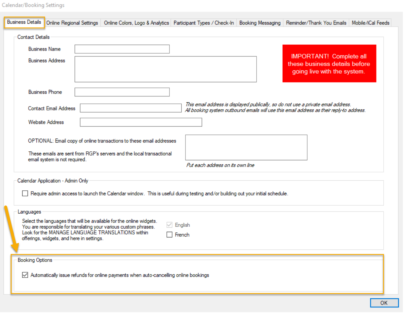 Calendar/Booking Settings form interface