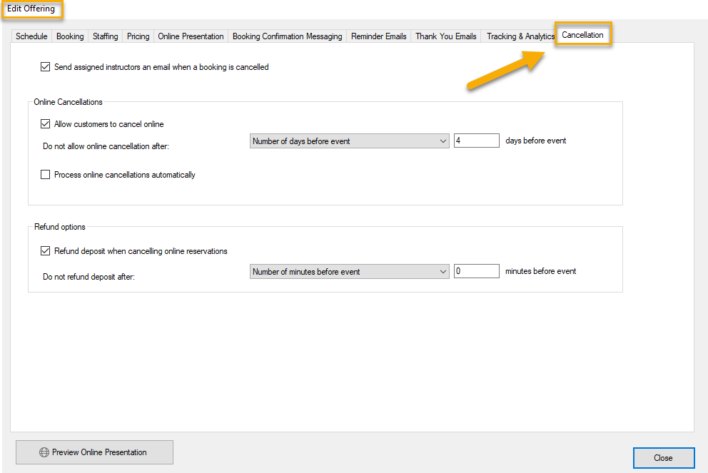 Cancellation settings interface screenshot.