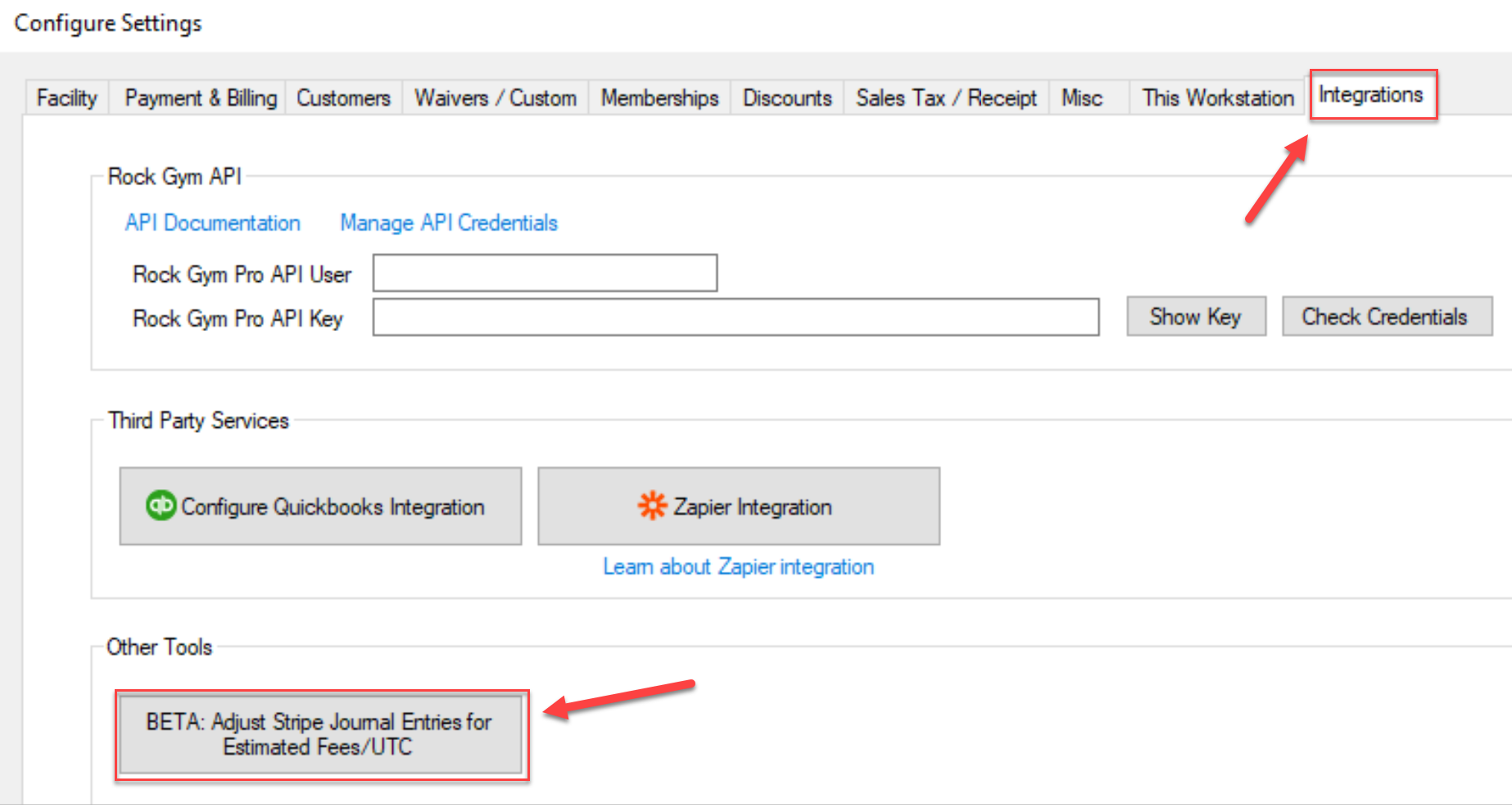 Integration settings interface screenshot