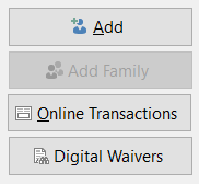 Add, Online Transactions, Digital Waivers buttons