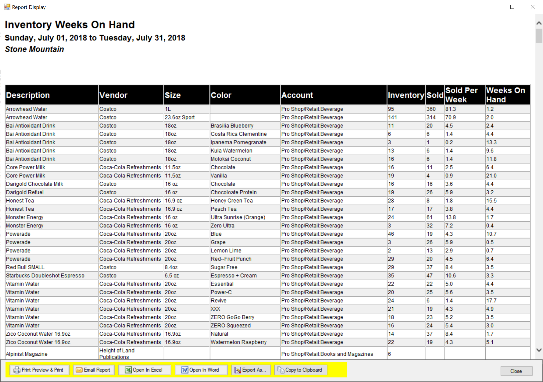 Inventory report table with beverage details.