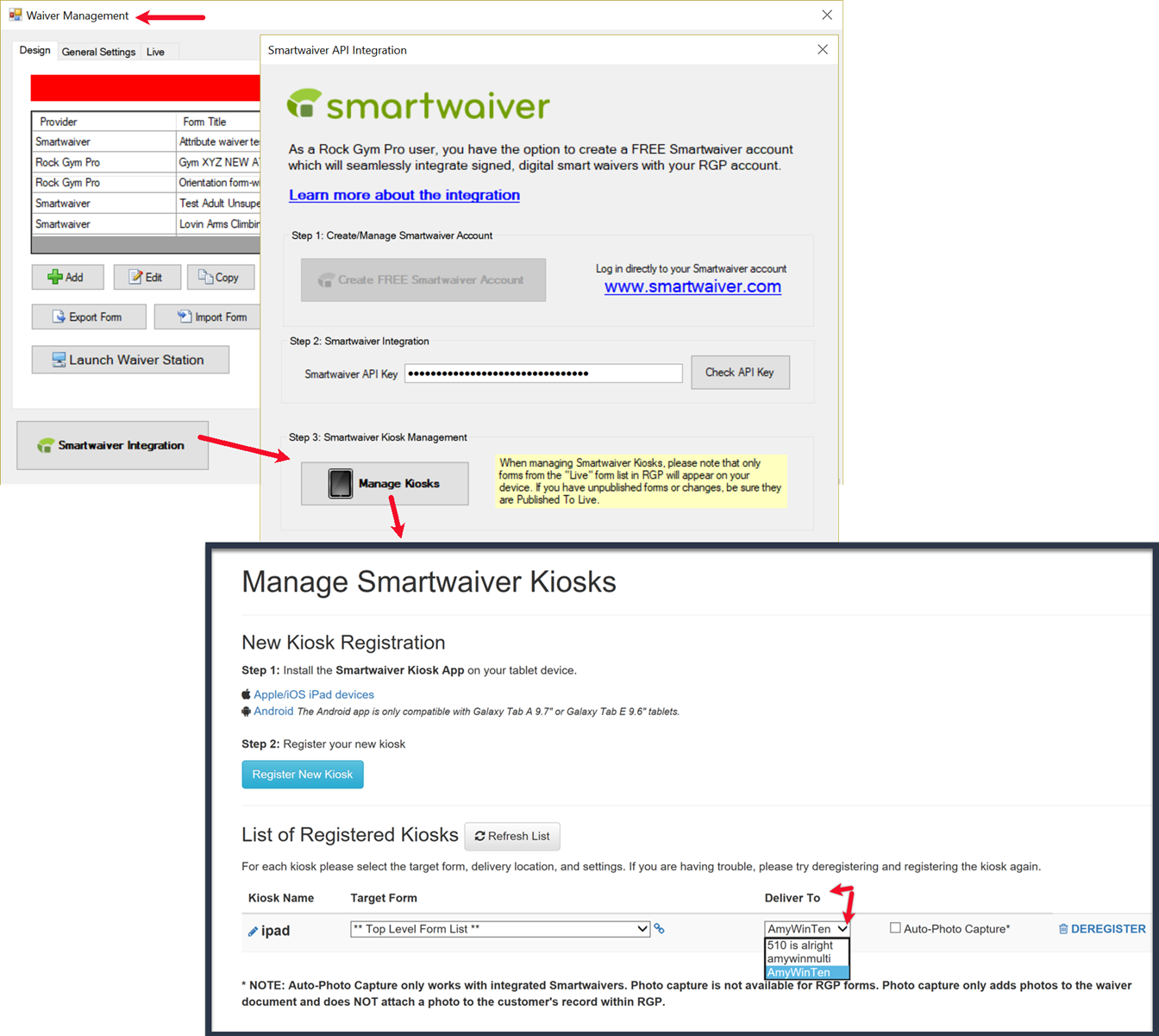 Smartwaiver kiosk management interface screenshot.