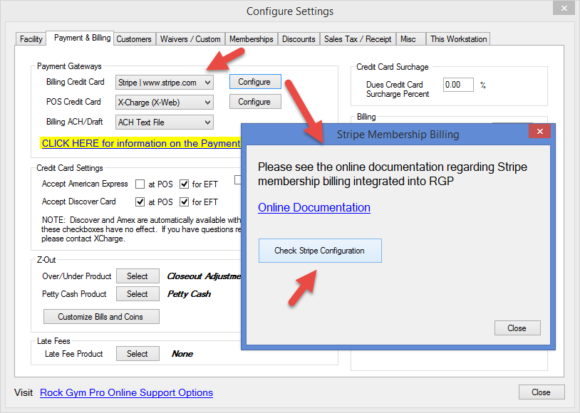 Stripe configuration settings window.