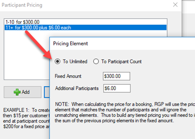 Pricing options and settings window
