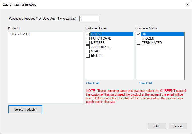 Customize Parameters window with options selected.