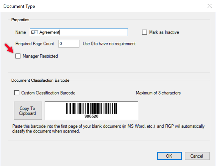 Document type settings window.