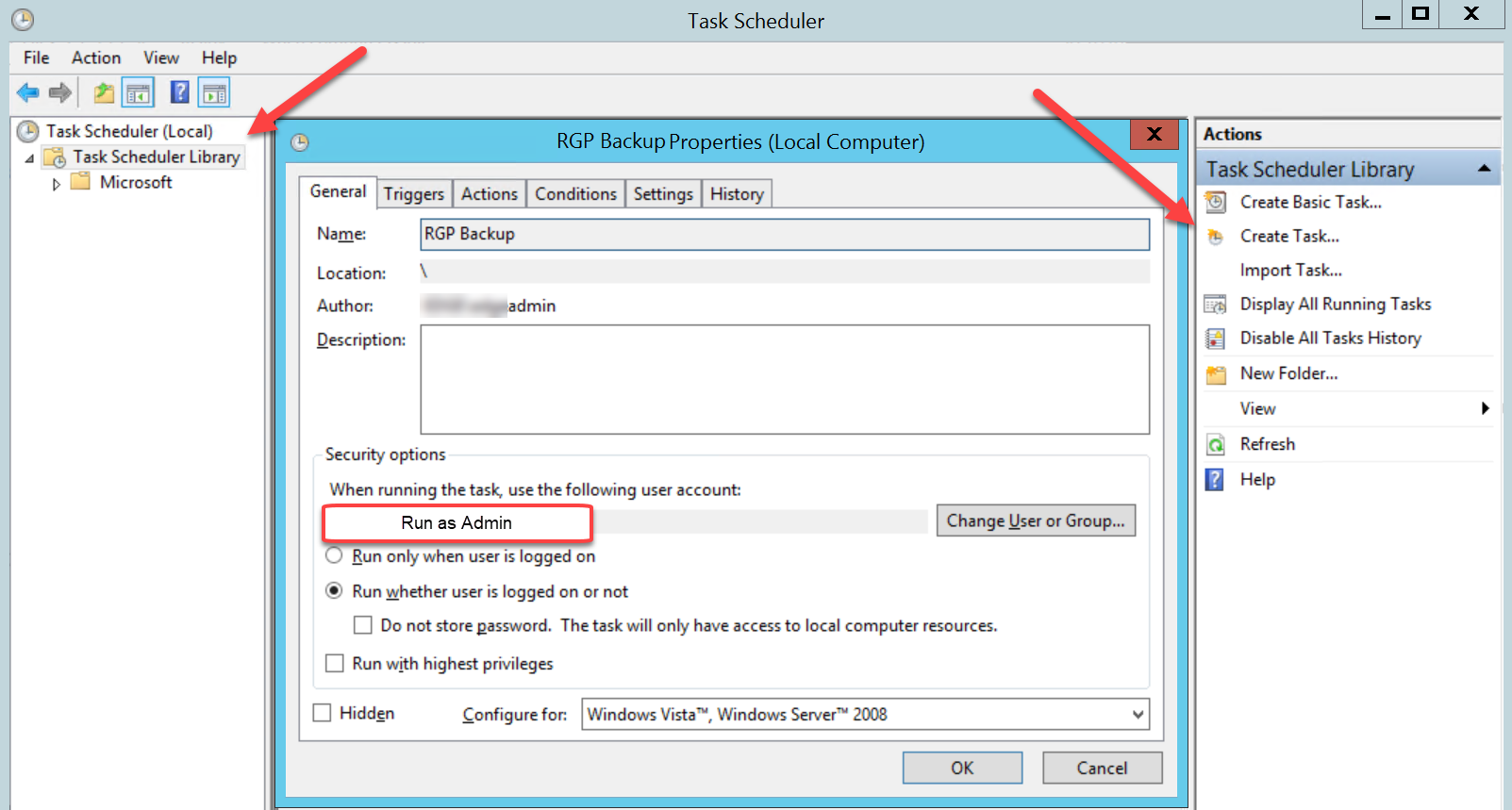 Task Scheduler window with RGP Backup settings.