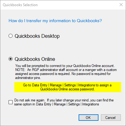 Quickbooks transfer options dialog box