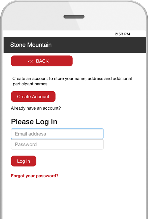 Mobile login and account creation screen
