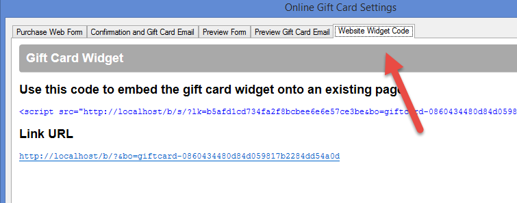 Gift card widget code and link URL display.