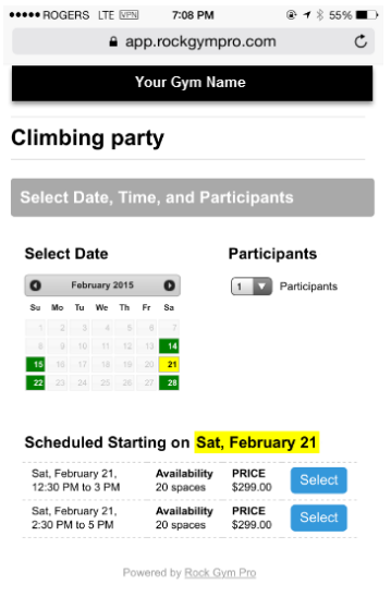 Climbing party booking page