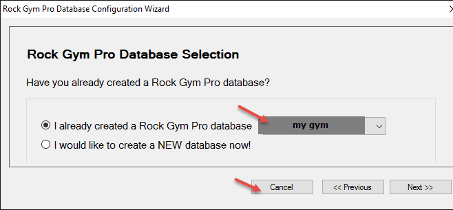Database selection screen with options.