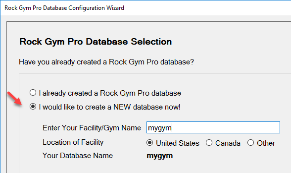 Database setup screen with options selected.