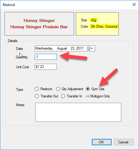 Restock form with quantity and type details.