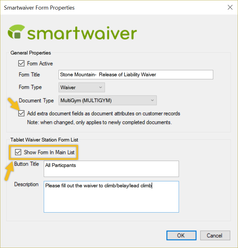Smartwaiver form properties settings window
