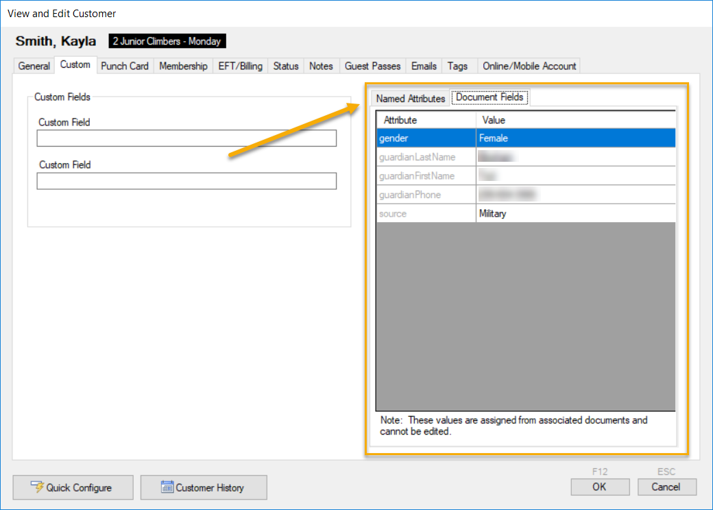 Customer profile with named attributes panel.