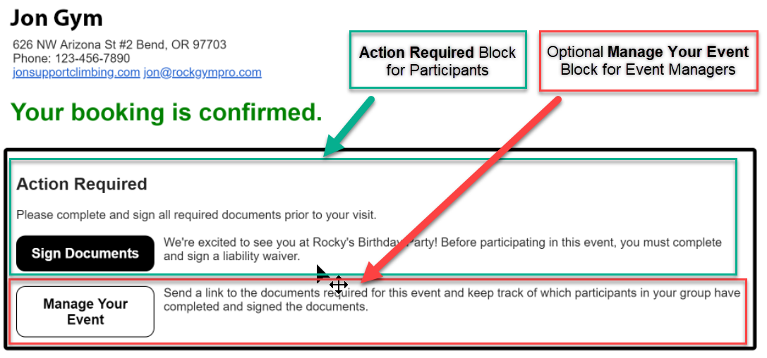 Booking confirmation with action required details.