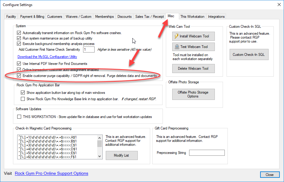 Software settings configuration window