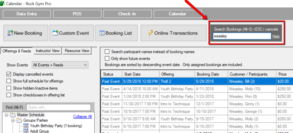 Booking search interface with results list.