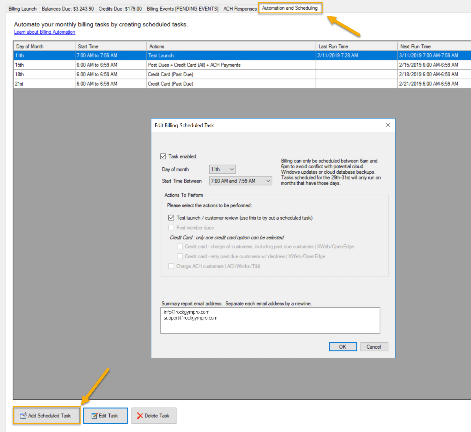 Billing task scheduling interface screenshot.