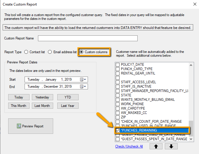 Custom report creation window with options.
