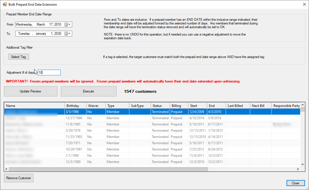 Bulk Prepaid End Date Extension interface