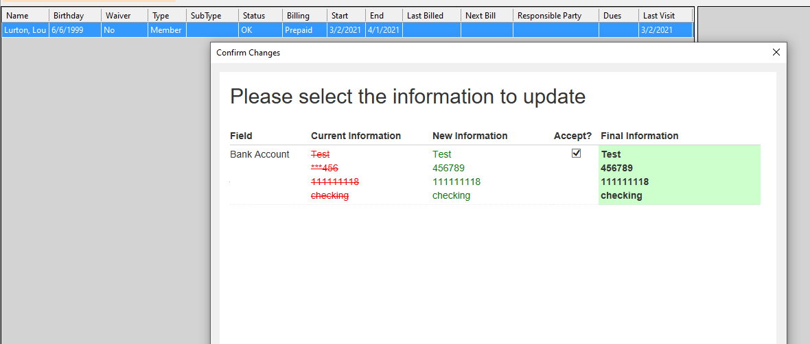 Information update confirmation window