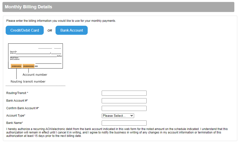 Bank account billing form.