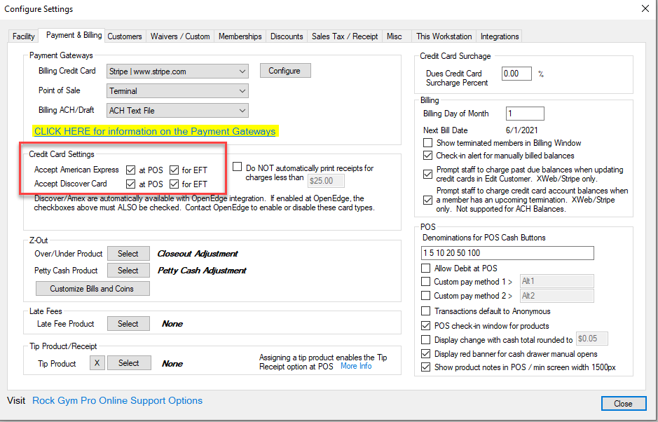 Gym payment settings configuration window.