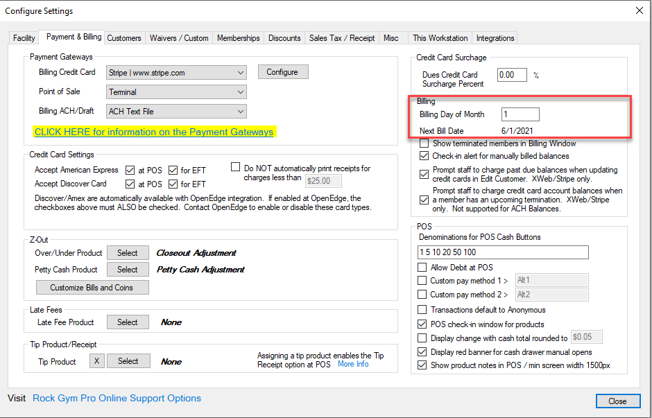 Payment and billing configuration settings