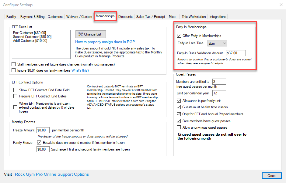Membership settings configuration window