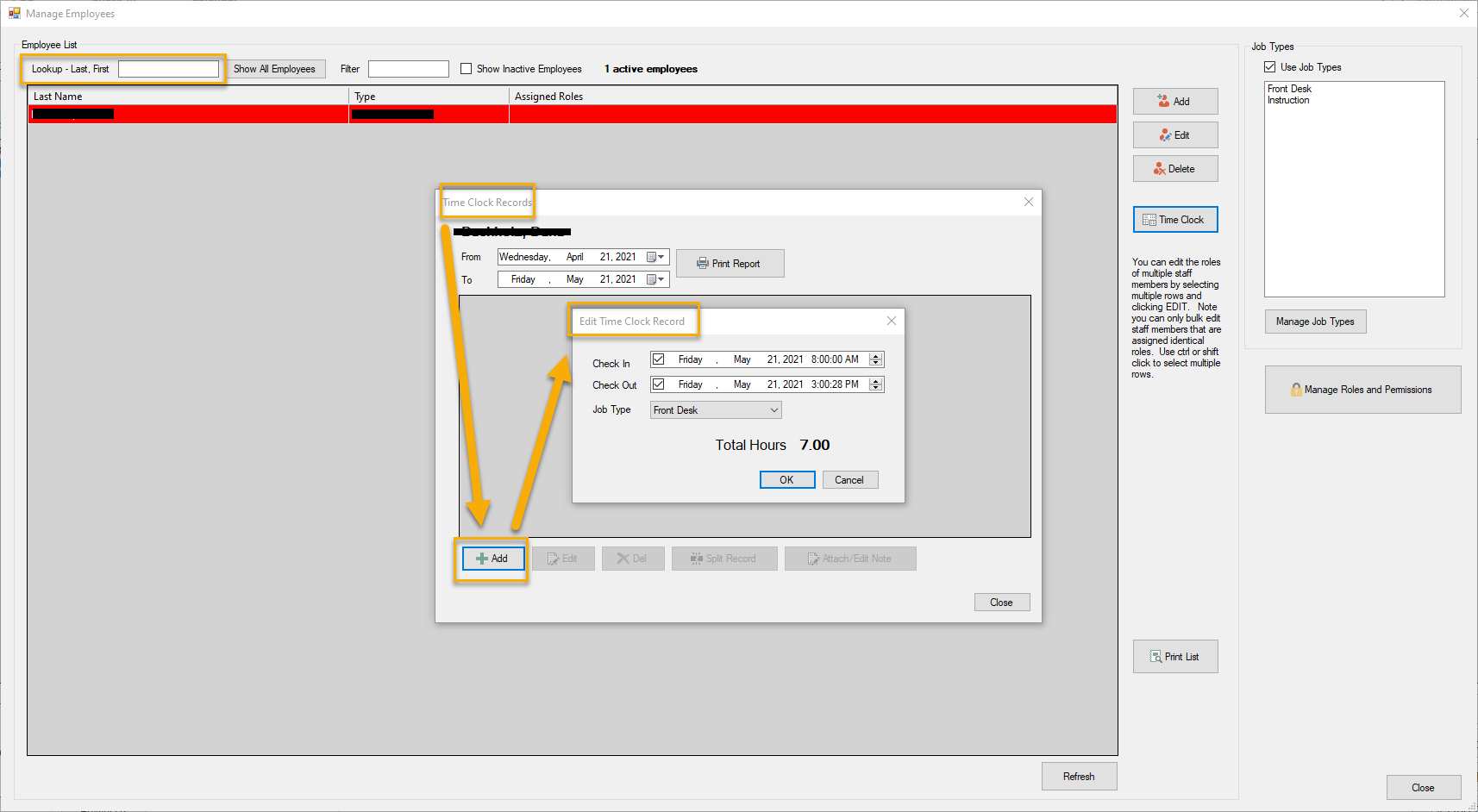 Employee time clock management interface